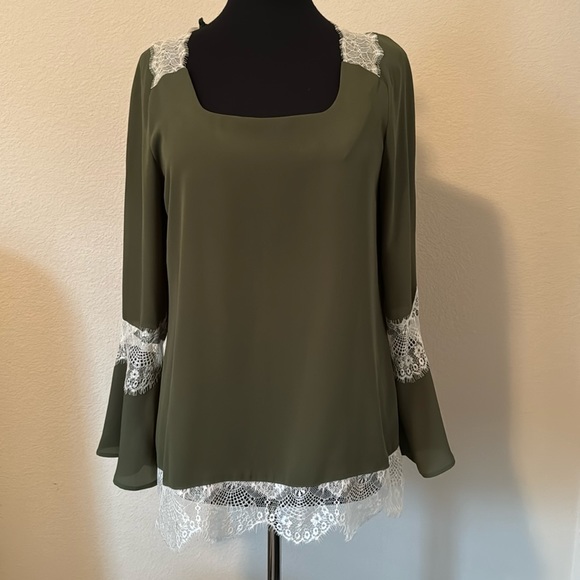 NY Collection Tops - NY COLLECTION Lace Trim Blouse Olive Green Medium
